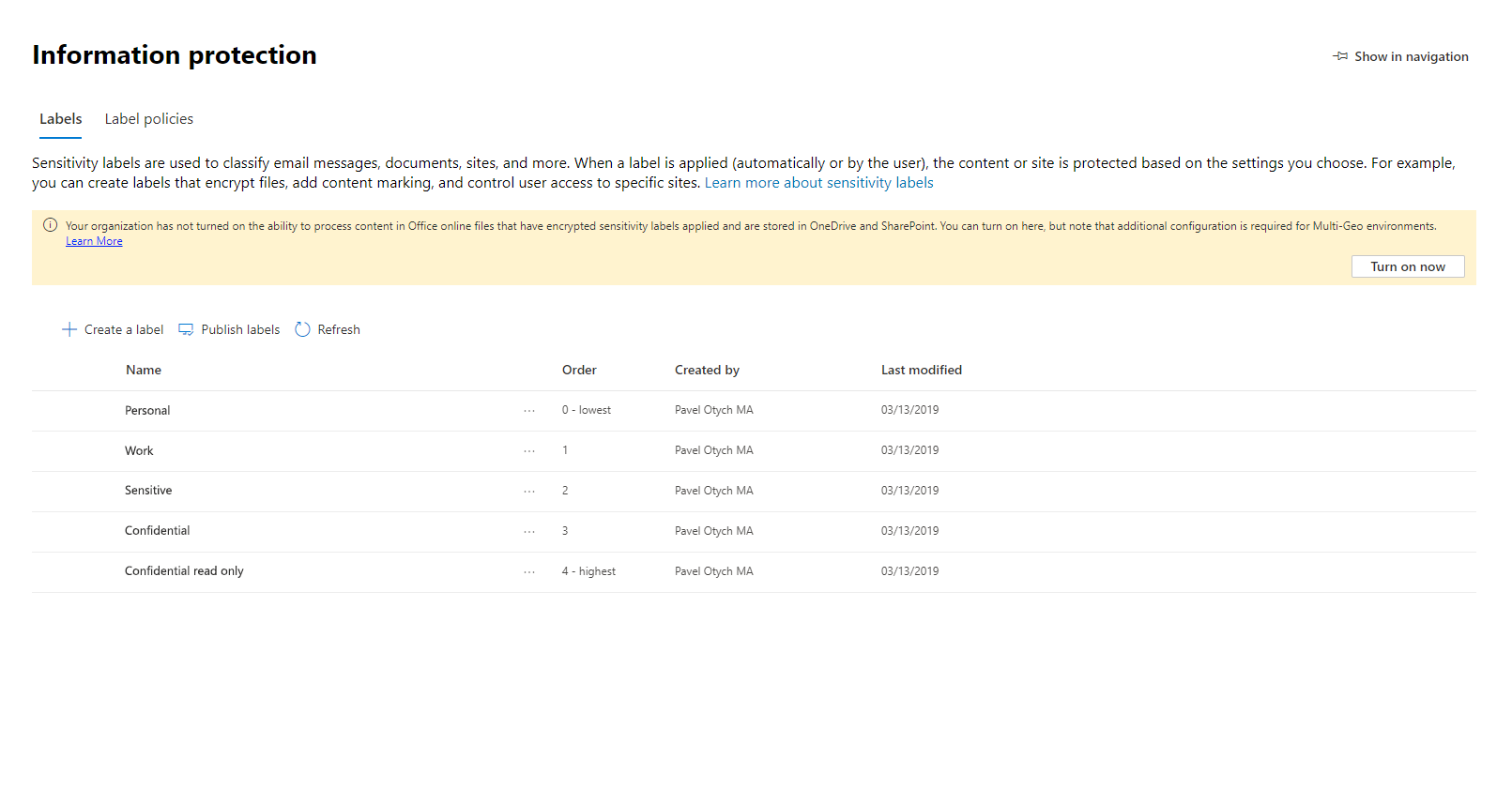 Sensitiviy Labels in SharePoint Online